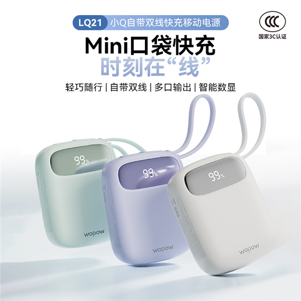 沃品10000mAh小Q自带双线快充移动电源LQ21